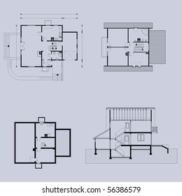 project of house in gray color. full blue print (You can specify the thickness of the lines of the drawing, directly how you need it)