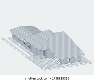 Proyecto de una casa hecha de vigas pegadas, axonometría, plano. Vector.
