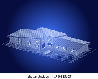 Project of a house made of glued beams, axonometry, blueprint. Vector.