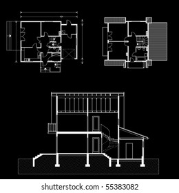 project of house on black background. detailed project (You can specify the thickness of the lines of the drawing, directly how you need it)