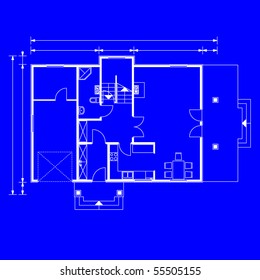 project of house on black background. ground floor (You can specify the thickness of the lines of the drawing, directly how you need it)
