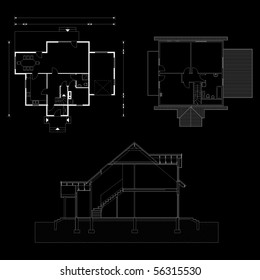 project of house on black background. detailed project (You can specify the thickness of the lines of the drawing, directly how you need it)