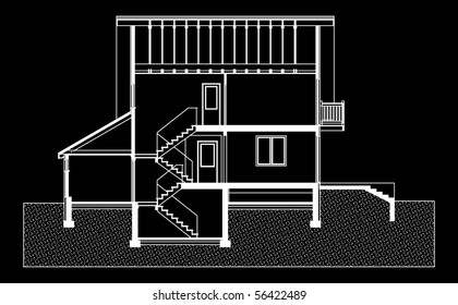 project of house on black background. elevation of building (You can specify the thickness of the lines of the drawing, directly how you need it)
