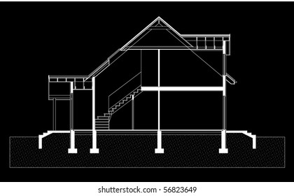 project of house on black background. elevation of building (You can specify the thickness of the lines of the drawing, directly how you need it)