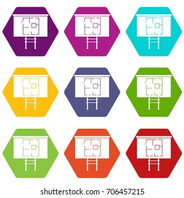 Project of house on a board icon set many color hexahedron isolated on white vector illustration