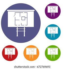 Project of house on a board icons set in flat circle reb, blue and green color for web