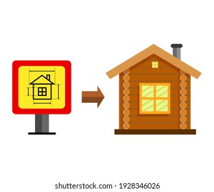 Proyecto de una casa en un estrado y una casa de madera sobre fondo blanco, negocio de construcción, ilustración vectorial