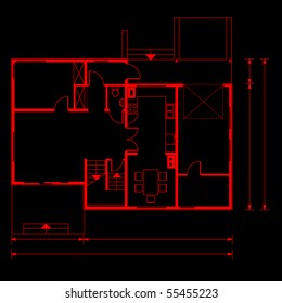 project of house in red color on black background. ground floor (You can specify the thickness of the lines of the drawing, directly how you need it)