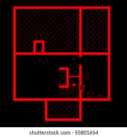 project of house in red color on black background. basement (You can specify the thickness of the lines of the drawing, directly how you need it)