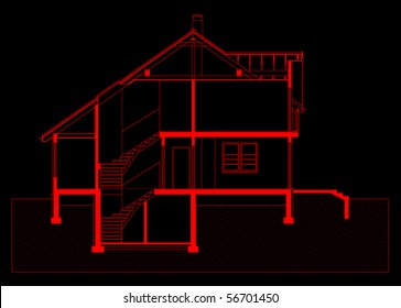 project of house in red color on black background. elevation of building (You can specify the thickness of the lines of the drawing, directly how you need it)