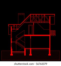 project of house in red color on black background. elevation of building (You can specify the thickness of the lines of the drawing, directly how you need it)