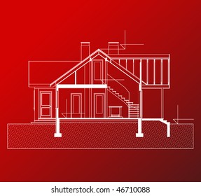 project of house in red-and-white color. fasade, groundfloor, garret