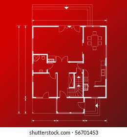 project of house in red-and-white color. ground floor (You can specify the thickness of the lines of the drawing, directly how you need it)