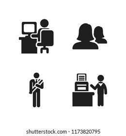 project icon. 4 project vector icons set. man sitting on office desk working in front a monitor of computer, user and student icons for web and design about project theme