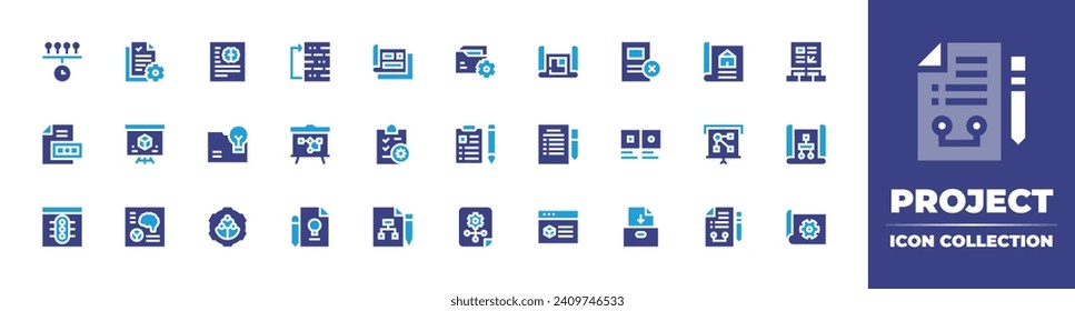 Colección de iconos del proyecto. Color de duotona. Ilustración vectorial y transparente. Conteniendo plazos, proyectos, arquitectura, propiedades, flujo de trabajo, gestión de proyectos, lista de verificación, información, estrategia. 