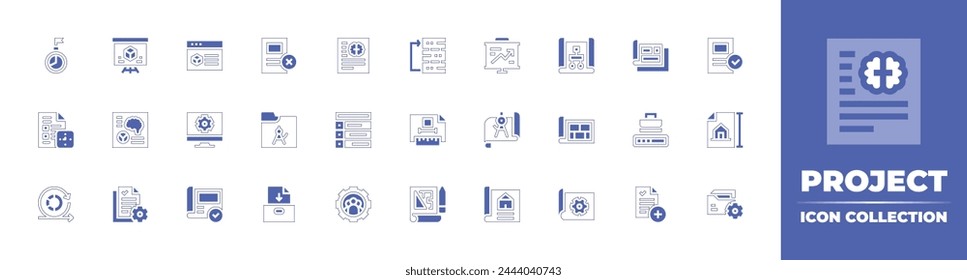 Project icon collection. Duotone style line stroke and bold. Vector illustration. Containing implementation, management, new project, presentation, project, sprint, plan, blueprint.