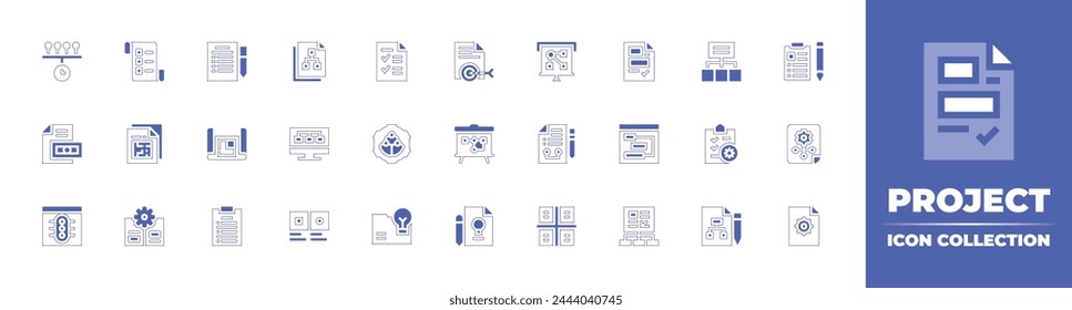 Project icon collection. Duotone style line stroke and bold. Vector illustration. Containing guide, project, target, brief, briefing, planning, timeline, architecture, checklist, workflow, strategy.
