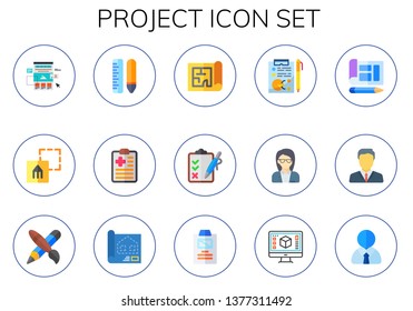 project icon set. 15 flat project icons.  Collection Of - web design, graphic design, design tools, clipboard, blueprint, planning, manager, summary