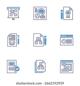 Projekt-Symbolsatz. Fette Linienart. Duotonfarben. Bearbeitbarer Strich. Projekt, Workflow, Projektplan.