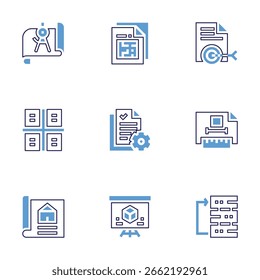 Project icon set. Bold line style. Duotone colors. Editable stroke. compass, project, target, technical drawing, property, workflow, architecture.