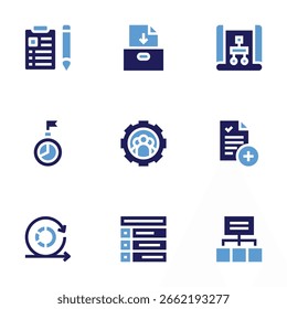 Projekt-Symbolsatz. Fett. Duotonfarben. Umsetzung, Projektmanagement, Sprint, Plan, Projekt.