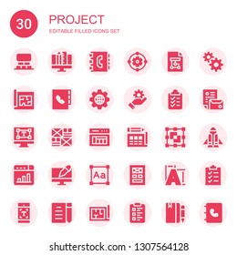 project icon set. Collection of 30 filled project icons included Projection, Graphic design, Agenda, Design, Wireframe, Blueprint, Management, Clipboard, Typography, Layout, Graphic designer