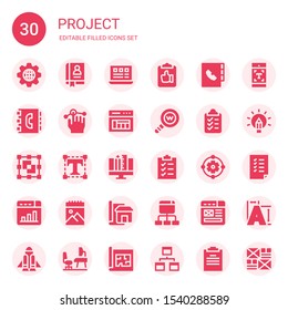 project icon set. Collection of 30 filled project icons included Management, Agenda, Layout, Clipboard, Usability, Web development, Graphic designer, Typography, Graphic design