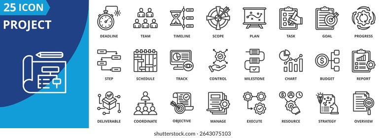Un paquete de iconos contiene el Plan, la tarea, el objetivo, la línea de tiempo, el equipo, la fecha límite, el ámbito, la colección