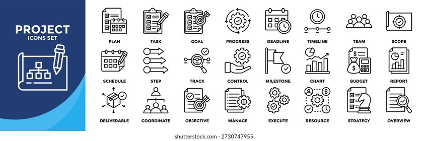 Project icon set collection. an icon pack contain plan,task,goal,timeline,team,deadline,scope