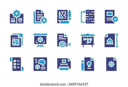 Project icon set. Duotone color. Vector illustration. Containing guide, project, target, planning, technical drawing, workflow, architecture, strategy.