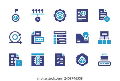 Conjunto de iconos del proyecto. Color de duotona. Ilustración vectorial. Conteniendo la implementación, la gestión de proyectos, nueva, sprint, plan, proyecto, breve, cronograma, estado del proyecto, equipo.