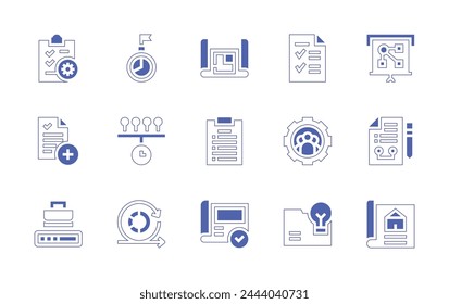 Conjunto de iconos del proyecto. Trazo de línea de estilo duotono y negrita. Ilustración vectorial. Conteniendo implementación, gestión de proyectos, nuevo proyecto, sprint, plano, breve, proyecto, briefing, línea de tiempo.