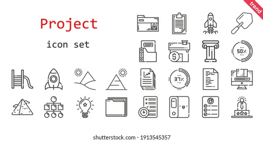 Projektsymbol-Set. Zeilensymbol-Stil. projektbezogene Symbole wie Idee, Rakete, Schaufel, Grafikdesign, Benutzererfahrung, Zwischenablage, Planung, Datei, Ordner, Hypothek, Aufgabe, Start, Folie, Prozentsatz