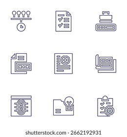 Conjunto de iconos de proyecto. Estilo de línea. Brief, proyecto, línea de tiempo, lista de comprobación, Estado del proyecto.