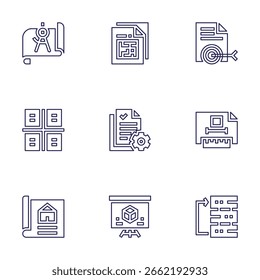 Project icon set. Line style. Editable stroke. compass, project, target, technical drawing, property, workflow, architecture.