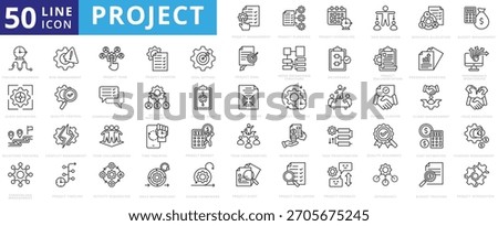 Project icon set outline containing management, planning, schedule, task delegation, resource allocation, budget, timeline, scope definition, milestone, stakeholder, risk, team, charter, goal setting