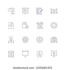 Project icon set. Thin line icon. Editable stroke. Containing priority, presentation, check list, blueprint, project, development, compliance, project management, gear, file, report.