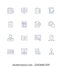 Conjunto de iconos del proyecto. Icono de línea delgada. Trazo editable. Contiene investigación, presentación, portapapeles, plano, estrategia, proyecto, documento, coordinación, caso de uso, tableta gráfica, archivo, configuración.