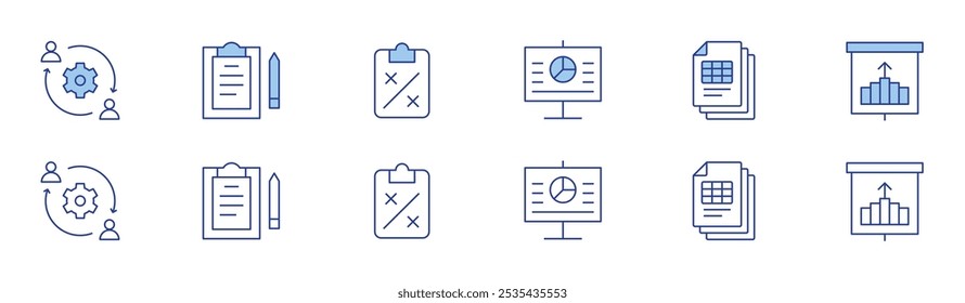 Project icon set in two styles, Duotone and Thin Line style. Editable stroke. outsourcing, presentation, project, projection, research, strategy.