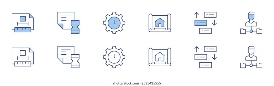 Project icon set in two styles, Duotone and Thin Line style. Editable stroke. plan, prioritize, project management, technical drawing, time, time management.