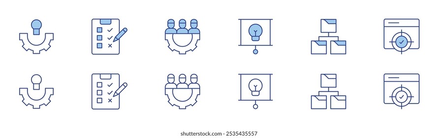Ícone do projeto definido em dois estilos, Duotônico e Linha fina. AVC editável. ideia, lista de verificação, produtividade, caso de uso, alvo.
