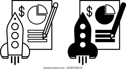 Project Icons. Black and White Vector Icons. Financial Document, Pencil and Rocket Taking Off. Business project. Business Management Concept