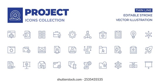 Project icons collection. Thin Line icons, editable stroke. prioritize, project, deployment, folder, plan, presentation, project management, settings, target, technical drawing, time.