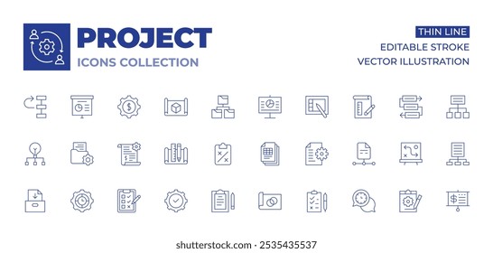 Coleção de ícones do projeto. Ícones de Linha Fina, traçado editável. diagrama, arquivo, desenvolvimento, engrenagem, apresentação, projeto, prioridade, gerenciamento de projeto, estratégia, caso de uso.