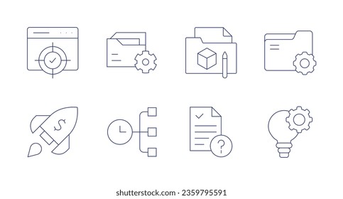 Iconos del proyecto. trazo editable. Conteniendo carpeta, innovación, proyecto, estado del proyecto, administración del proyecto, gestión del tiempo, inicio, destino.