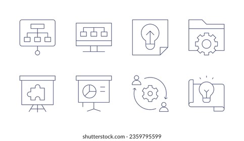 Project icons. editable stroke. Containing folder, idea, outsourcing, project, projector screen, solution, workflow.
