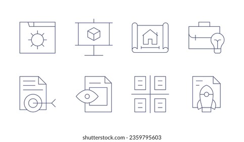 Project icons. editable stroke. Containing business idea, deployment, plan, project, presentation, settings, target.