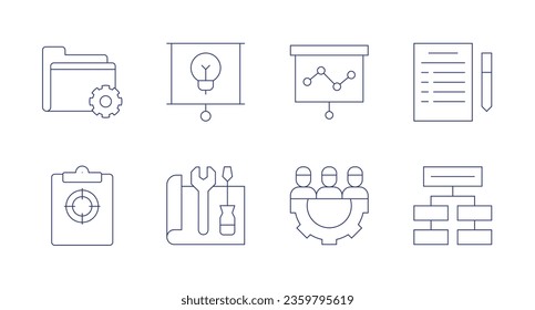 Project icons. editable stroke. Containing briefing, delegate, physics, productivity, presentation, project, settings, target.