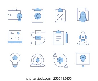 Iconos del proyecto. Estilo Duotone, estilo editable de trazo. estrategia, implementación, outsourcing, idea, idea de negocio, presentación, lanzamiento de proyecto, sprint, destino, flujo de trabajo, investigación.