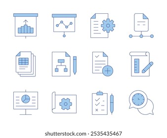 Iconos del proyecto. Estilo Duotone de la línea, movimiento editable. física, proyecto, Plan del proyecto, plan, coordinación, archivo, Portapapeles, documento, nuevo proyecto, presentación, proyección.